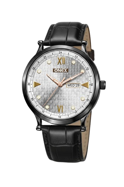 ONEX Men’s Analog Watch with Day & Date Display, Silver Textured Dial, Black Leather Strap, Roman Index – Stylish Formal Wrist Watch for Men