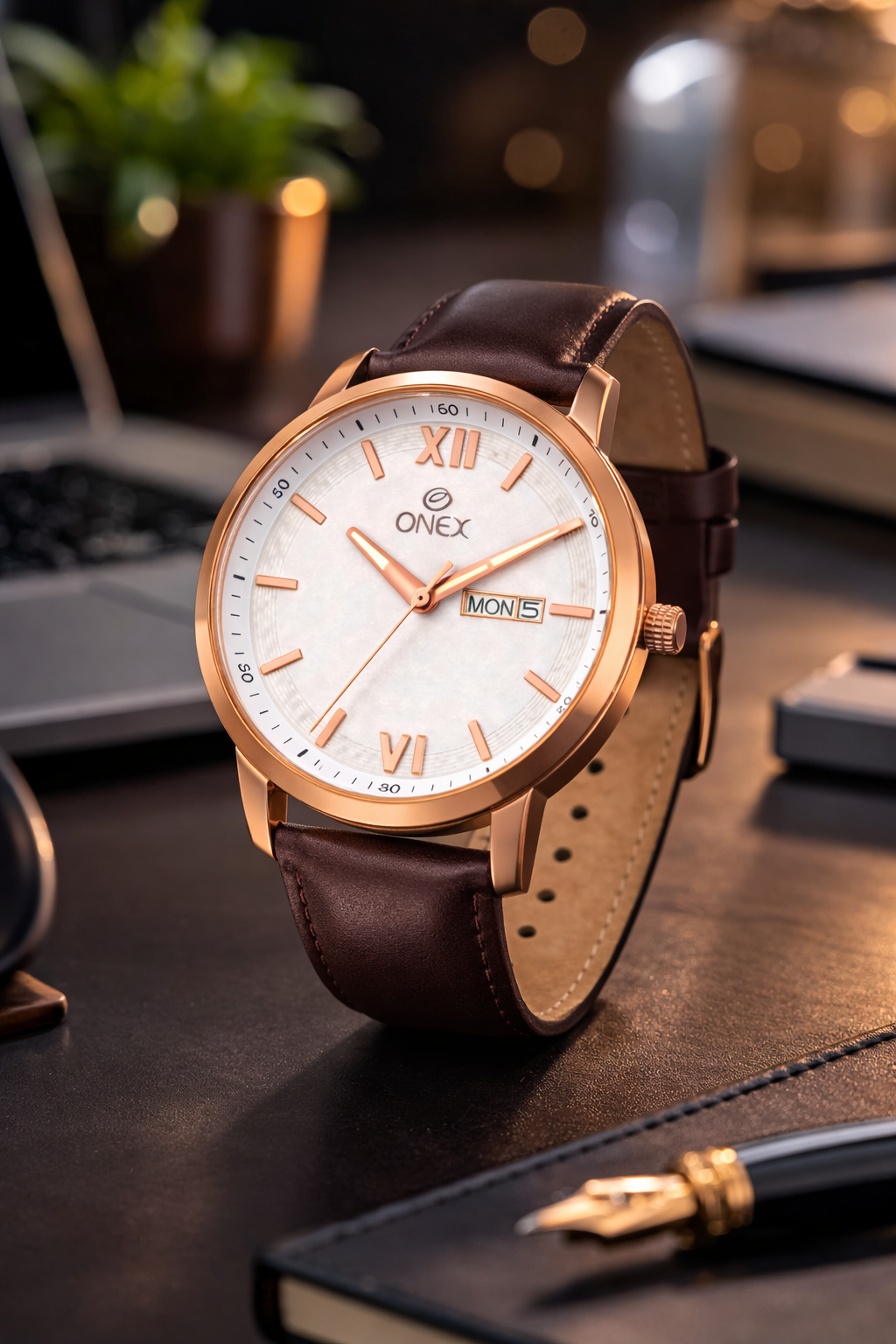 ONEX Men's Day & Date Analog Watch – Silver Dial, Rose Gold Case & Brown Leather Strap