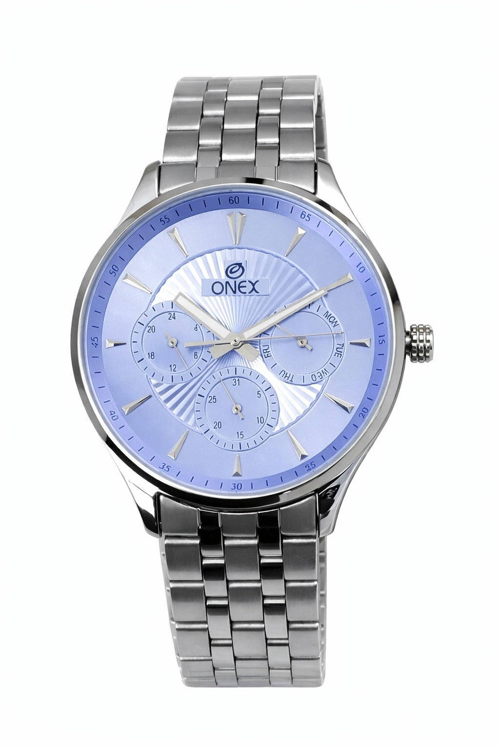 ONEX Men's Premium Multifunction Analog Watch for Men | light blue Sunray Dial | Silver Stainless Steel Bracelet | Quartz Movement | Stylish Casual & Formal Wrist Watch