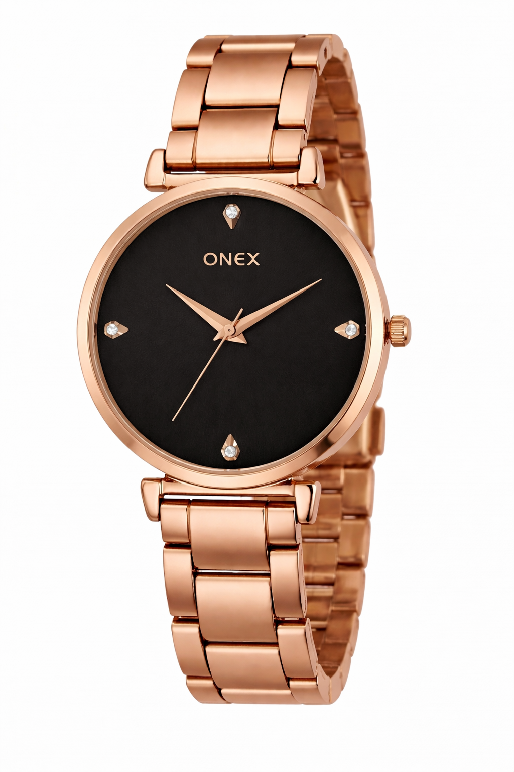 ONEX Women's Rose Gold Analog Watch | Elegant Glossy Metal Bracelet | Premium Sunray Black Dial | Fashion Wrist Watch for Women