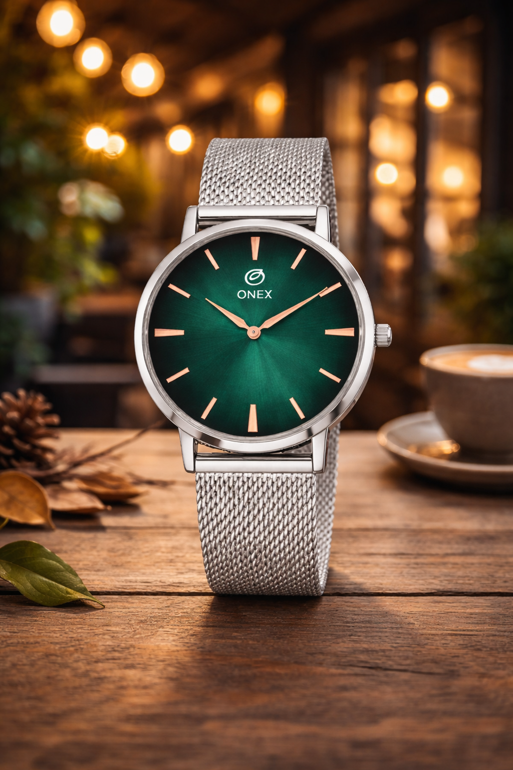 ONEX Men’s Analog Watch with Green Sunray Dial & Silver Stainless Steel Mesh Strap | Minimal Classic Design