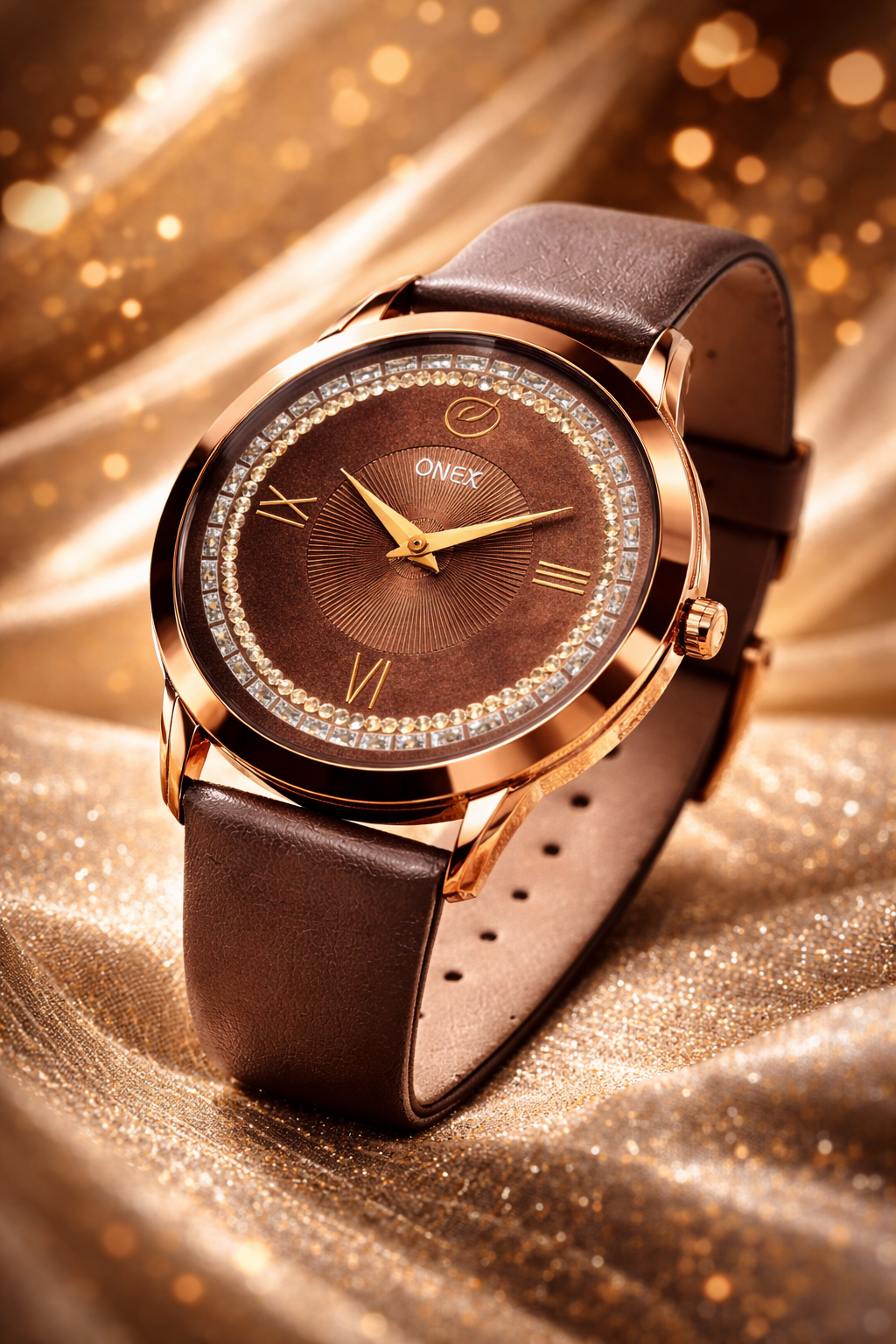 ONEX Men’s Analog Watch with Brown Dial, Crystal Studded Bezel & Brown Leather Strap – Stylish Casual & Formal Wrist Watch for Men