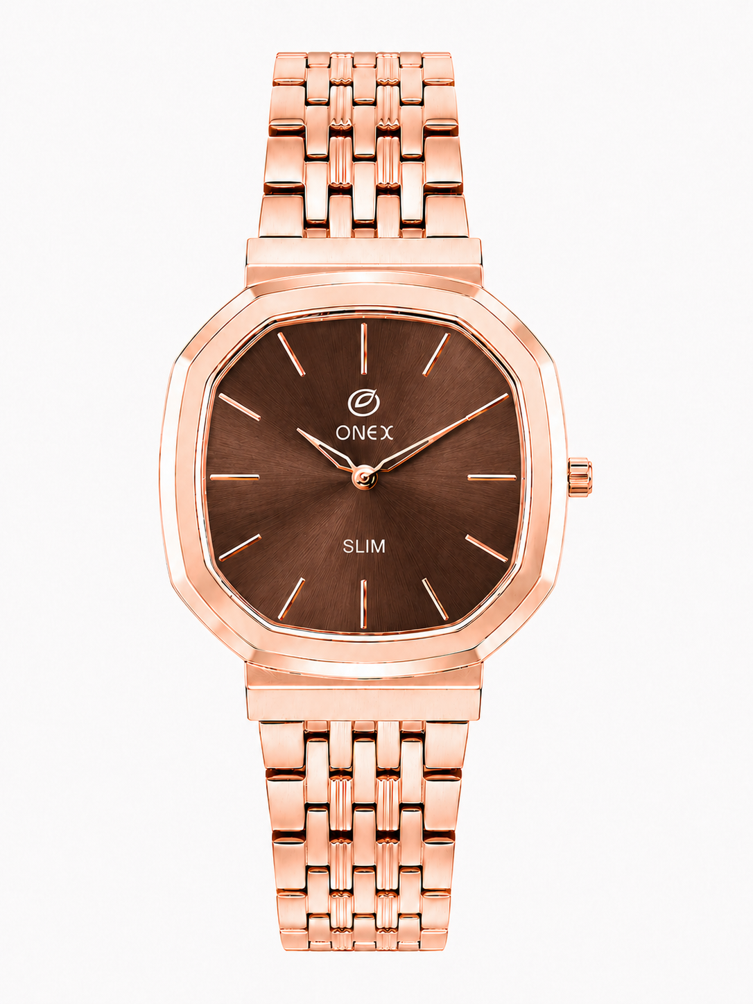 Onex Slim Rose Gold Stainless Steel Analog Watch for Women | Brown Sunray Dial | Elegant Bracelet Strap