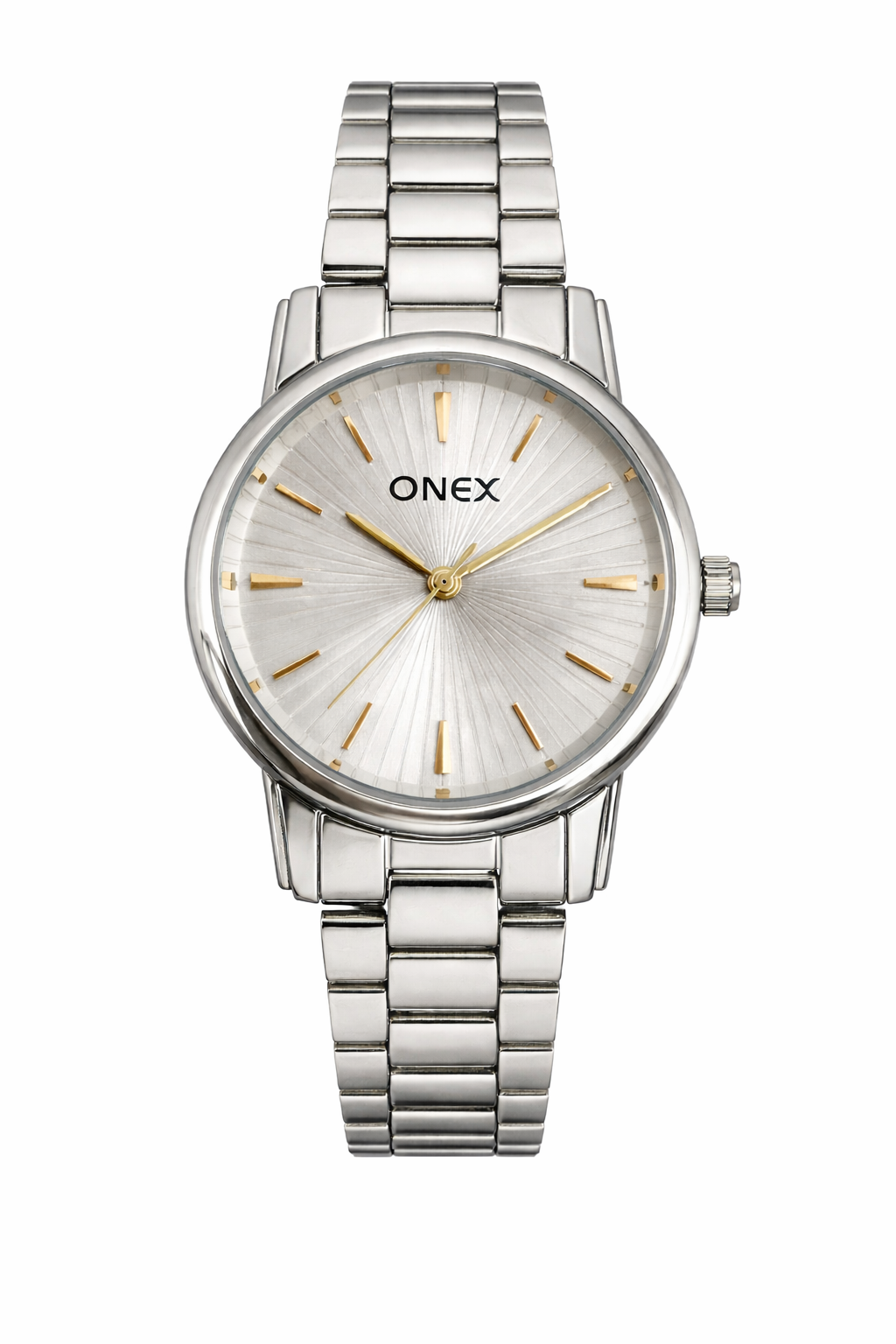 Onex Premium Analog Women’s Watch | Silver Textured Dial with Gold Markers | Stainless Steel Bracelet | Elegant Formal Watch