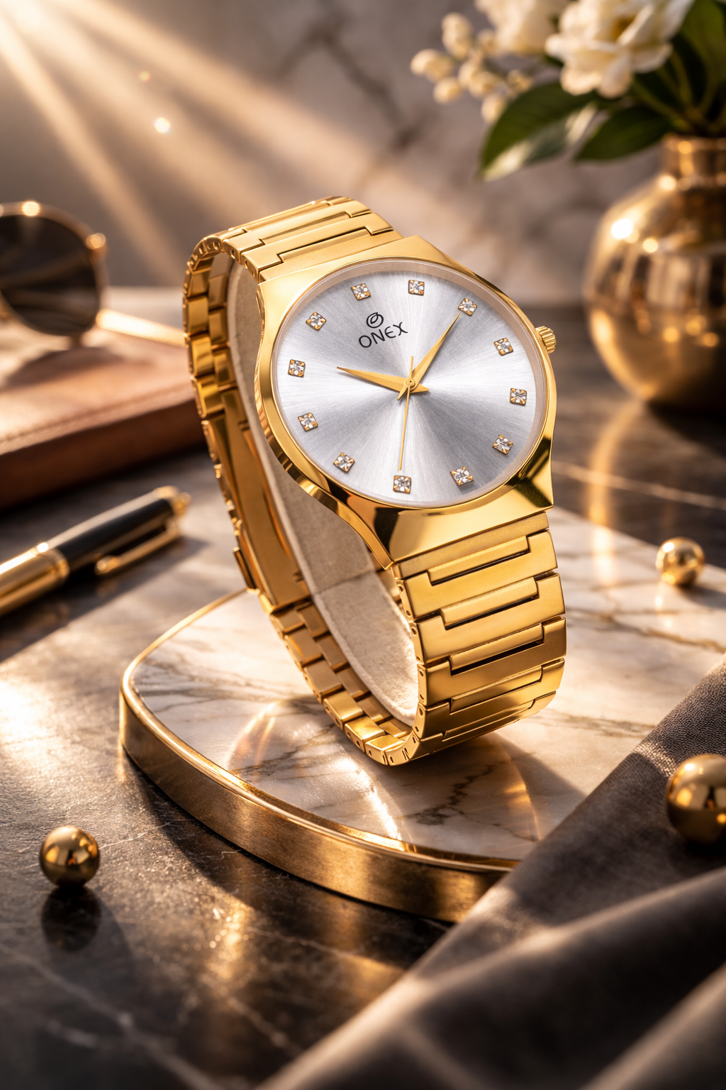 ONEX Premium Gold-Tone Analog Watch with Gold Sunray Dial & Crystal Hour Markers