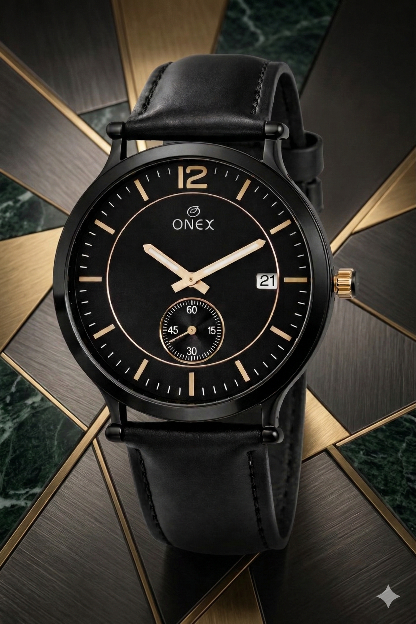 ONEX Men's Analog Watch | Black Dial with Rose Gold Case | Black Leather Strap | Date Display | Premium Quartz Watch for Men
