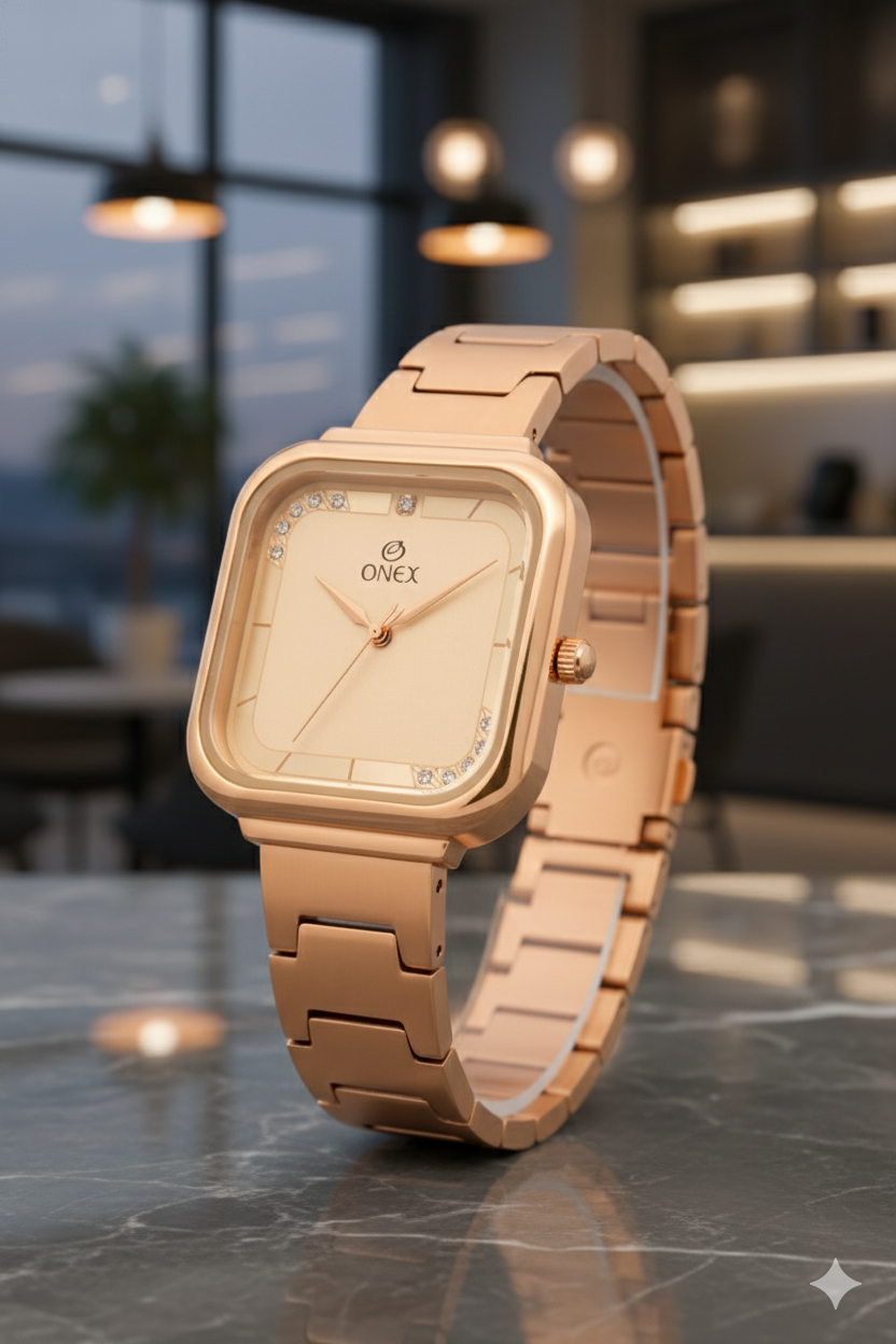 ONEX Rose Gold Square Dial Analog Watch for Women | Crystal Accent Dial | Metal Strap