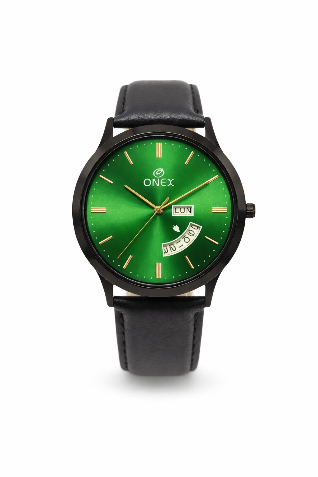 ONEX Men's Analog Watch with Day & Date Display | Green Sunburst Dial | Black Leather Strap | Quartz Movement | Formal & Casual Wrist Watch for Men