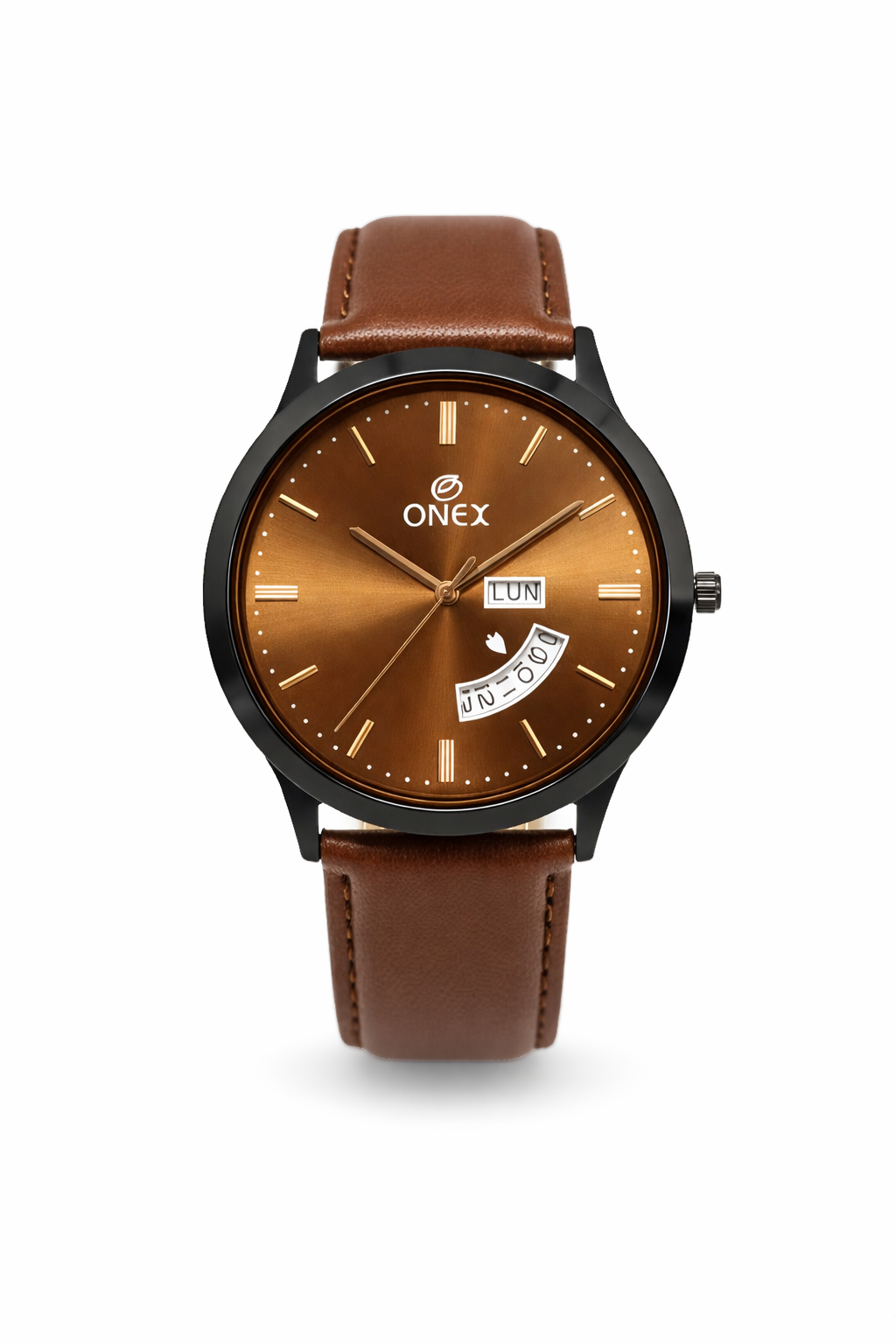 ONEX Men's Analog Watch with Day & Date Display | Brown Sunburst Dial | Brown Leather Strap | Quartz Movement | Formal & Casual Wrist Watch for Men