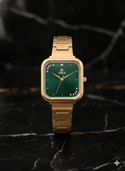 ONEX Rose Gold Square Dial Analog Watch for Women | Crystal Accent Dial | Metal Strap