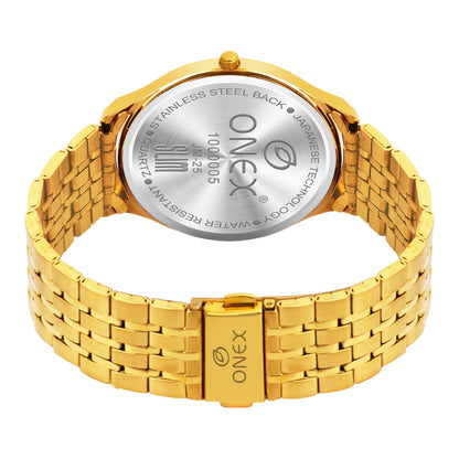 ONEX Exclusive Men’s Gold Analog Wrist Watch | Stainless Steel Metal Strap | Elegant Formal Watch