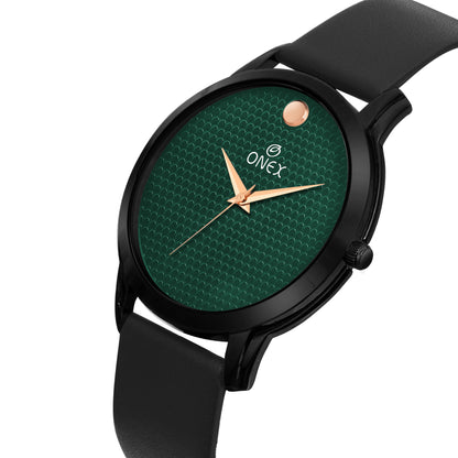 ONEX Men’s Analog Watch | Green Textured Dial with Rose Gold Hands | Premium Black Strap | Stylish Casual & Formal Wrist Watch