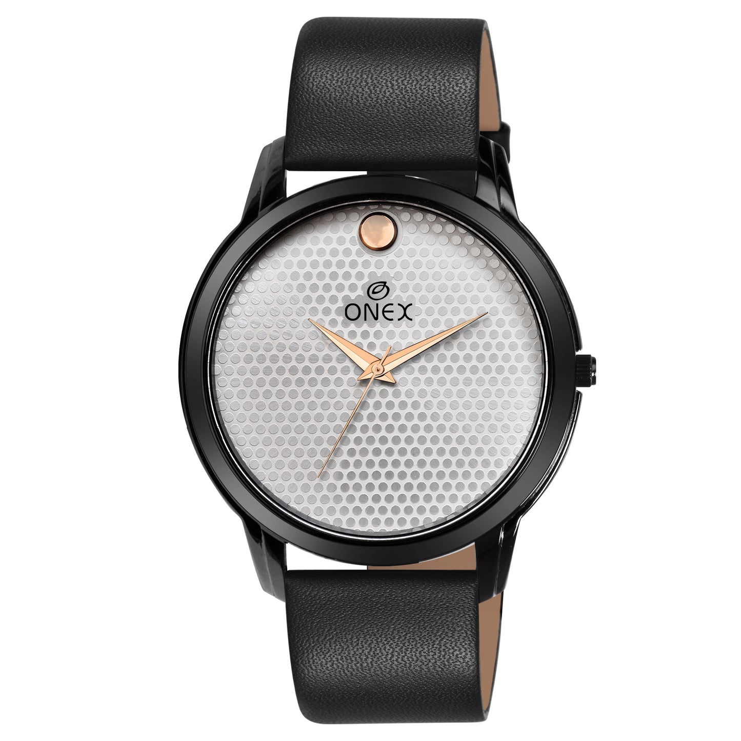 ONEX Men’s Analog Watch |Silver Textured Dial with Rose Gold Hands | Premium Black Strap | Stylish Casual & Formal Wrist Watch