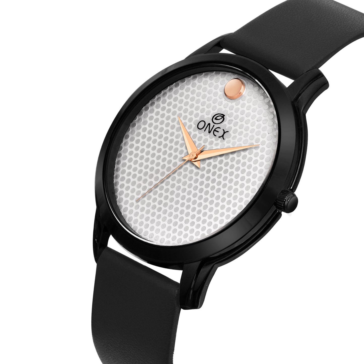 ONEX Men’s Analog Watch |Silver Textured Dial with Rose Gold Hands | Premium Black Strap | Stylish Casual & Formal Wrist Watch