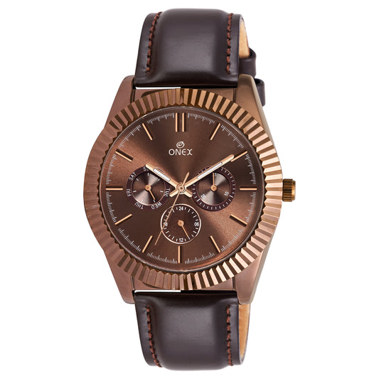 ONEX Men’s Chronograph Analog Watch | Brown Dial with Multifunction Display | Premium Leather Strap Wrist Watch