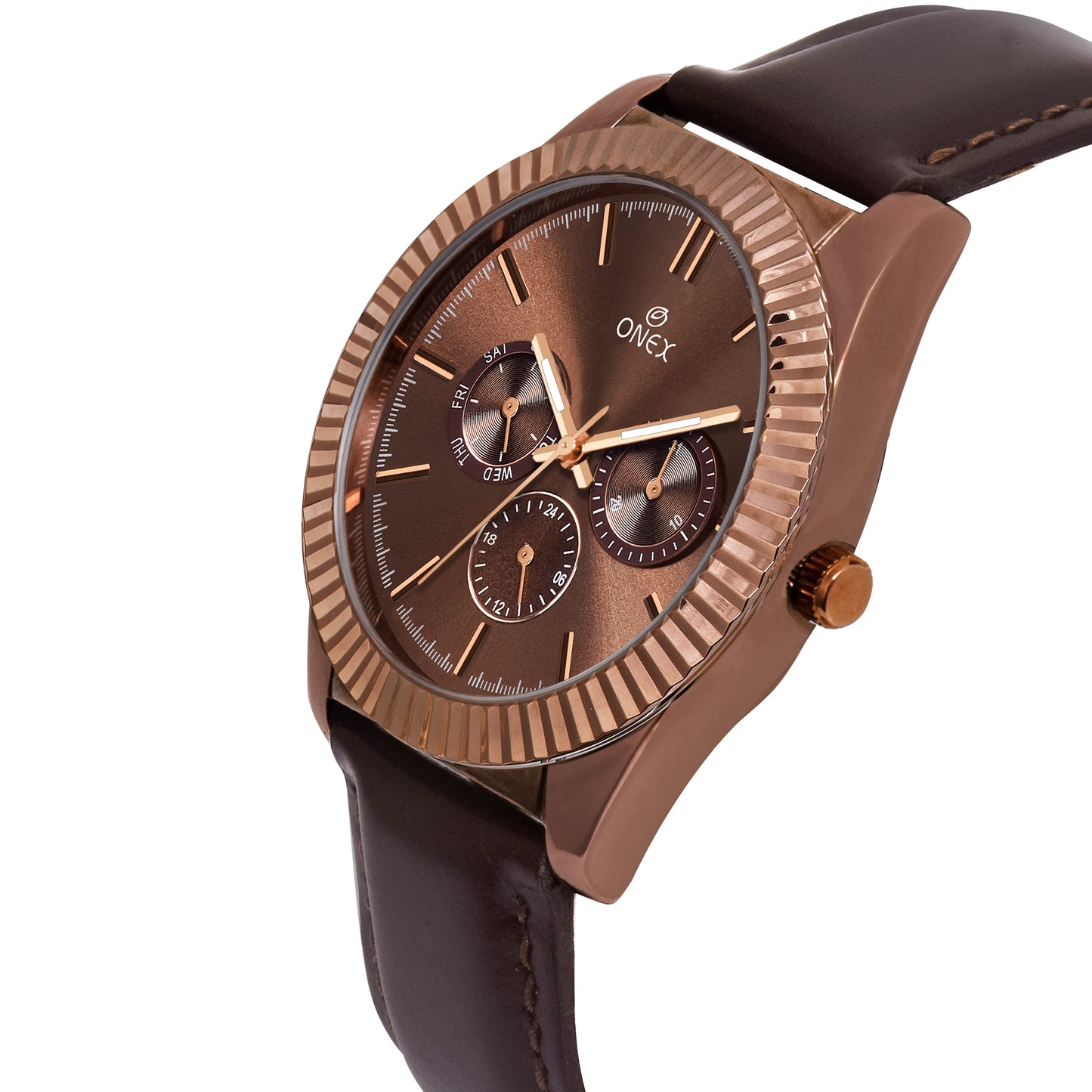 ONEX Men’s Chronograph Analog Watch | Brown Dial with Multifunction Display | Premium Leather Strap Wrist Watch