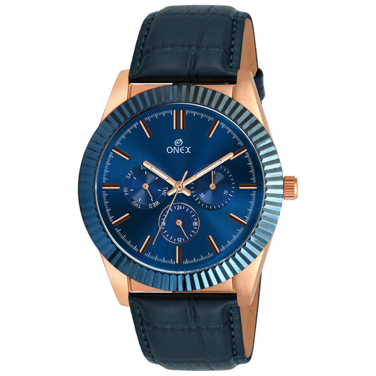 ONEX Men’s Chronograph Analog Watch | Blue Dial with Multifunction Display | Premium Leather Strap Wrist Watch