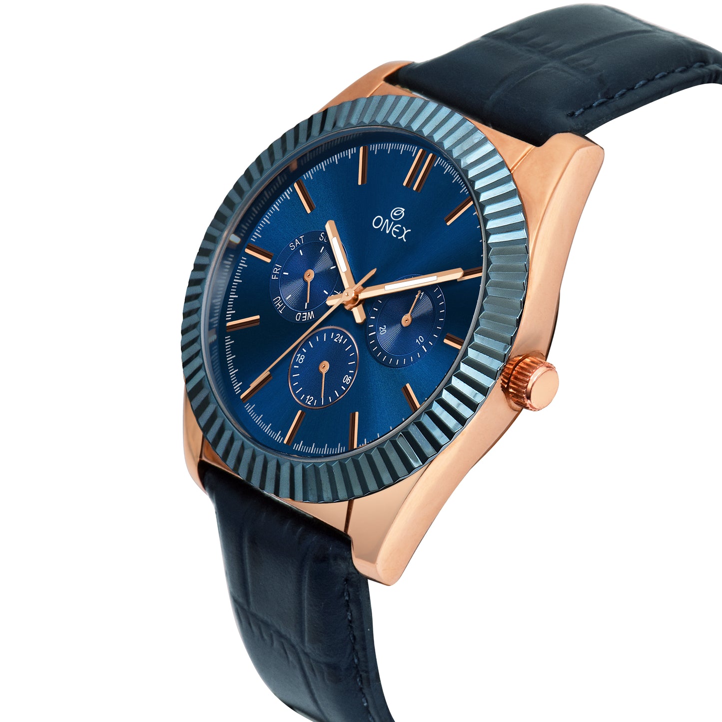 ONEX Men’s Chronograph Analog Watch | Blue Dial with Multifunction Display | Premium Leather Strap Wrist Watch