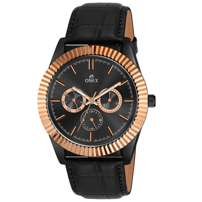 ONEX Men’s Chronograph Analog Watch | Black Dial with Multifunction Display | Premium Leather Strap Wrist Watch