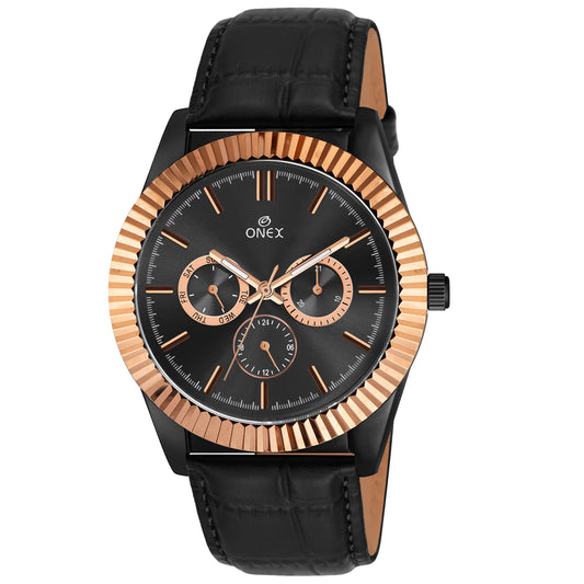 ONEX Men’s Chronograph Analog Watch | Black Dial with Multifunction Display | Premium Leather Strap Wrist Watch