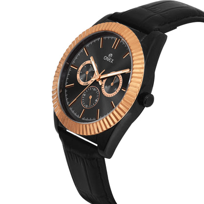 ONEX Men’s Chronograph Analog Watch | Black Dial with Multifunction Display | Premium Leather Strap Wrist Watch