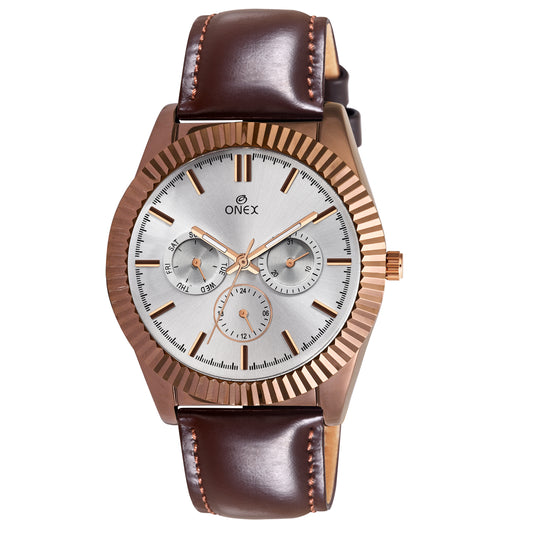 ONEX Men’s Chronograph Analog Watch | Brown Dial with Multifunction Display | Premium Leather Strap Wrist Watch