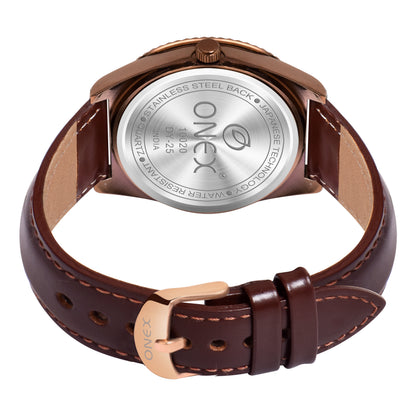ONEX Men’s Chronograph Analog Watch | Brown Dial with Multifunction Display | Premium Leather Strap Wrist Watch