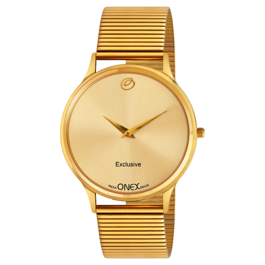 ONEX Exclusive Men’s Analog Watch | Gold Dial & Gold Metal Strap | Luxury Slim Design | Elegant Formal & Party Wear Watch