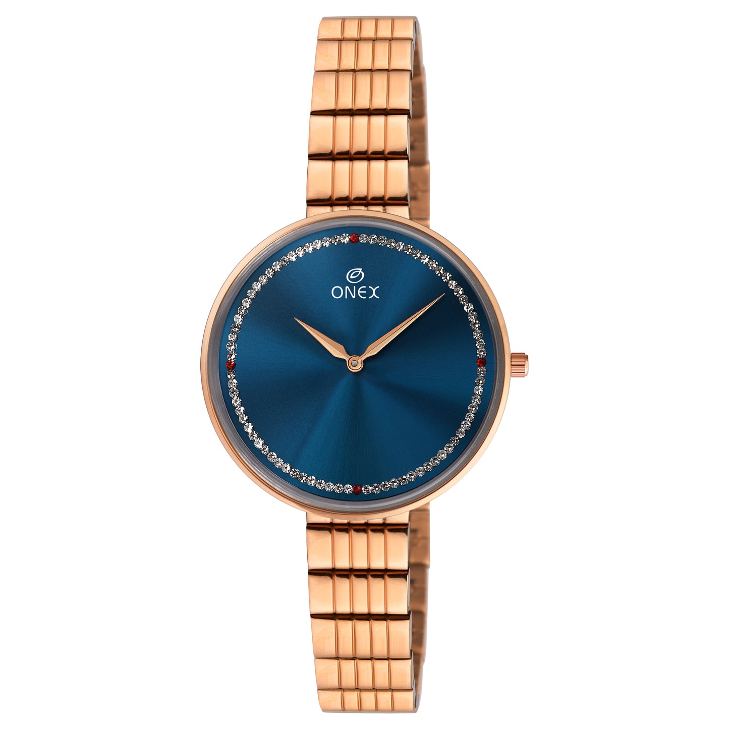 ONEX Elegant Rose Gold Women’s Watch | Blue Sunray Dial with Crystal Ring
