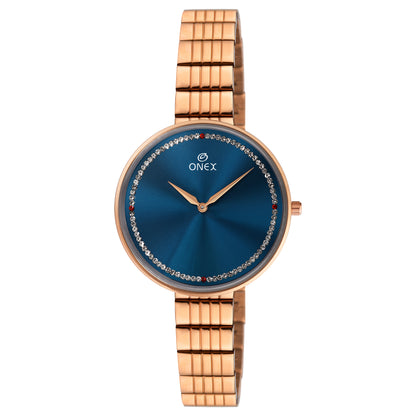 ONEX Elegant Rose Gold Women’s Watch | Blue Sunray Dial with Crystal Ring