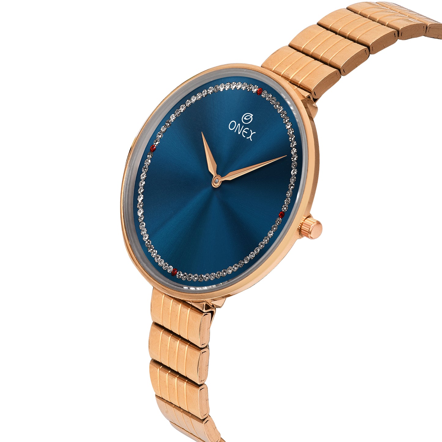 ONEX Elegant Rose Gold Women’s Watch | Blue Sunray Dial with Crystal Ring