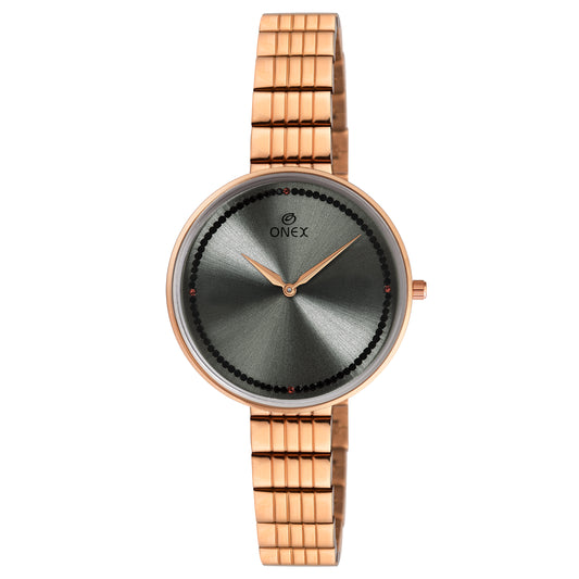 ONEX Elegant Rose Gold Women’s Watch | Grey Sunray Dial with Crystal Ring