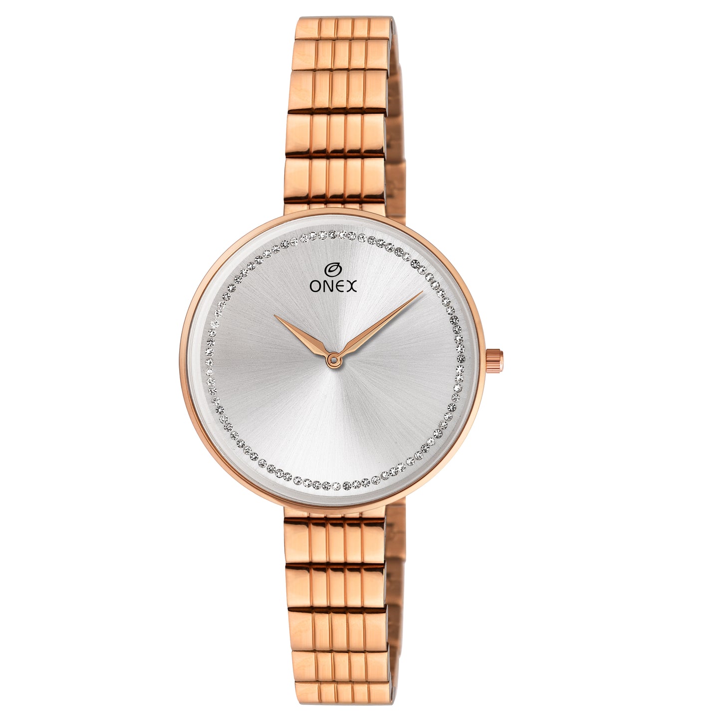 ONEX Elegant Rose Gold Women’s Watch | Silver Sunray Dial with Crystal Ring