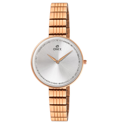 ONEX Elegant Rose Gold Women’s Watch | Silver Sunray Dial with Crystal Ring