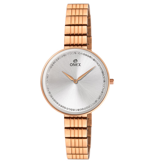ONEX Elegant Rose Gold Women’s Watch | Silver Sunray Dial with Crystal Ring