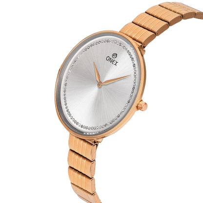 ONEX Elegant Rose Gold Women’s Watch | Silver Sunray Dial with Crystal Ring