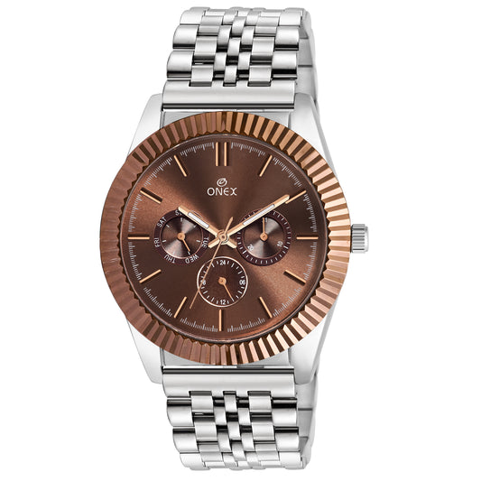 ONEX Men’s Chronograph Analog Watch | Brown Dial with Rose-Gold Bezel | Stainless Steel Strap Wrist Watch