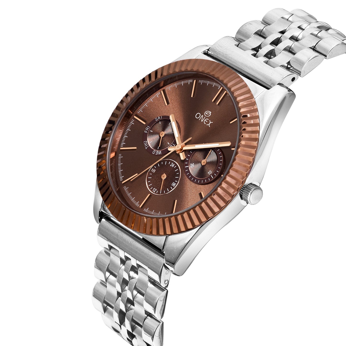 ONEX Men’s Chronograph Analog Watch | Brown Dial with Rose-Gold Bezel | Stainless Steel Strap Wrist Watch