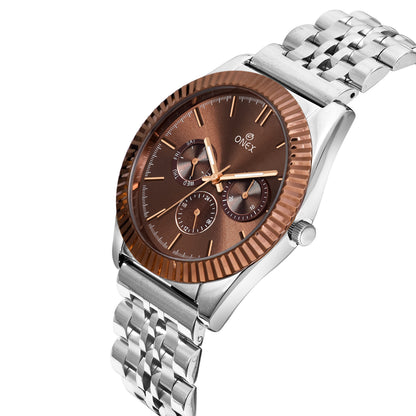 ONEX Men’s Chronograph Analog Watch | Brown Dial with Rose-Gold Bezel | Stainless Steel Strap Wrist Watch
