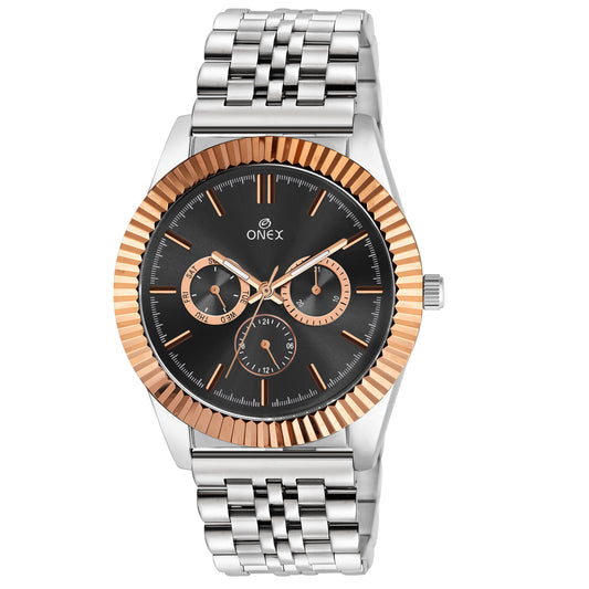 ONEX Men’s Chronograph Analog Watch | Black Dial with Rose-Gold Bezel | Stainless Steel Strap Wrist Watch