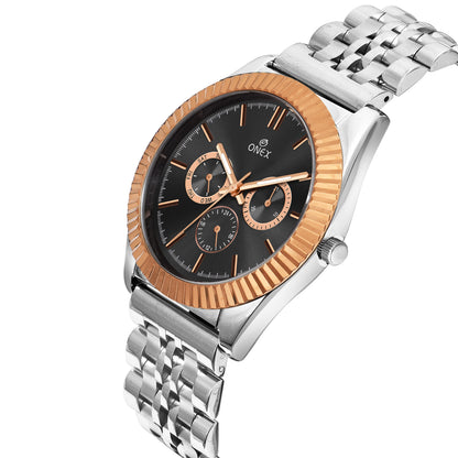 ONEX Men’s Chronograph Analog Watch | Black Dial with Rose-Gold Bezel | Stainless Steel Strap Wrist Watch