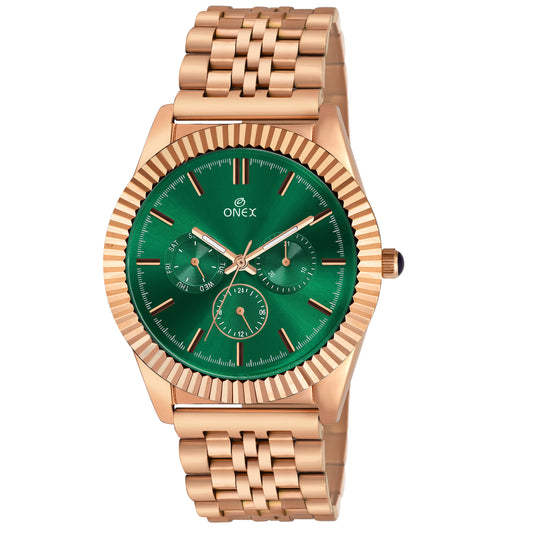 ONEX Men’s Chronograph Analog Watch | Green Dial with Rose-Gold Bezel | Stainless Steel Strap Wrist Watch