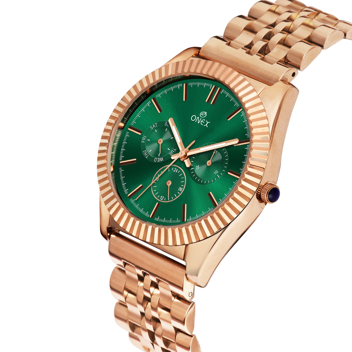 ONEX Men’s Chronograph Analog Watch | Green Dial with Rose-Gold Bezel | Stainless Steel Strap Wrist Watch