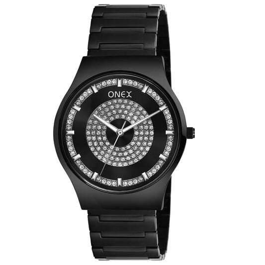 ONEX Luxury Black Dial Analog Watch with Crystal Studded Design & Black Stainless Steel Strap