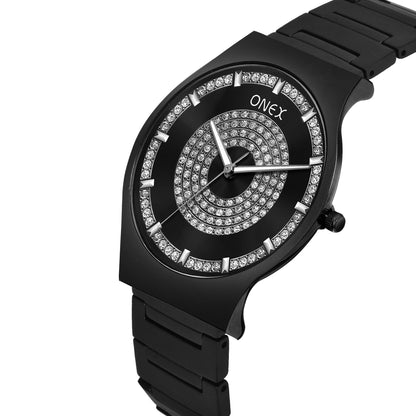 ONEX Luxury Black Dial Analog Watch with Crystal Studded Design & Black Stainless Steel Strap