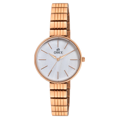 ONEX Luxury Rose Gold Women’s Analog Watch with Minimalist Silver Dial