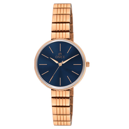 ONEX Luxury Rose Gold Women’s Analog Watch with Minimalist Blue Dial