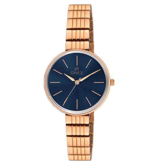 ONEX Luxury Rose Gold Women’s Analog Watch with Minimalist Blue Dial