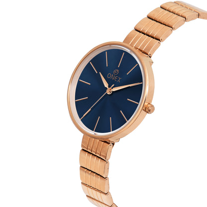 ONEX Luxury Rose Gold Women’s Analog Watch with Minimalist Blue Dial