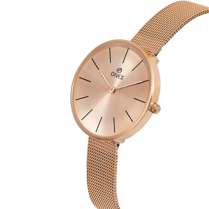 ONEX Women’s Rose Gold Analog Watch with Minimalist Dial & Mesh Metal Strap